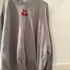 Kiss Gray Crewneck Sweater with Red Cherry Embroidery